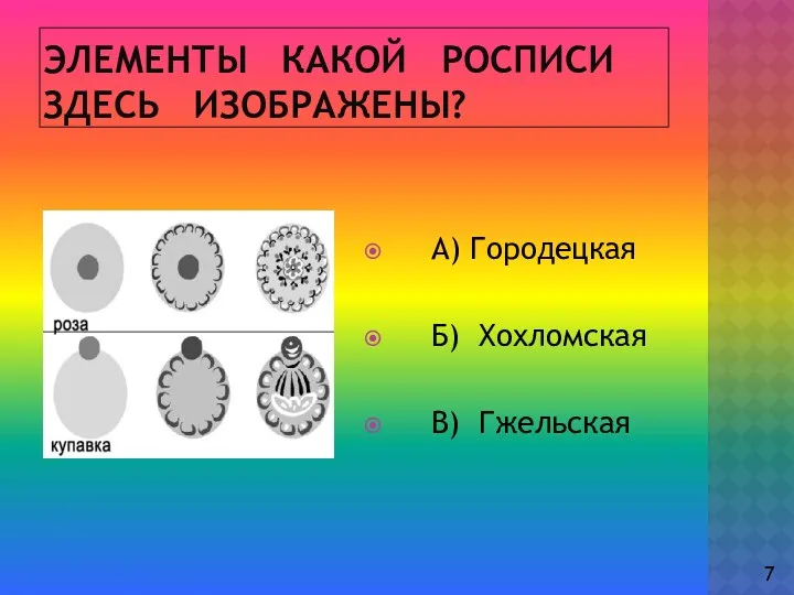 Элементы какой росписи здесь изображены? А) Городецкая Б) Хохломская В) Гжельская 7