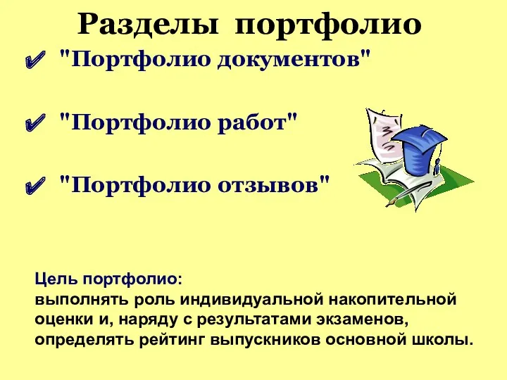 Разделы портфолио "Портфолио документов" "Портфолио работ" "Портфолио отзывов" Цель портфолио: