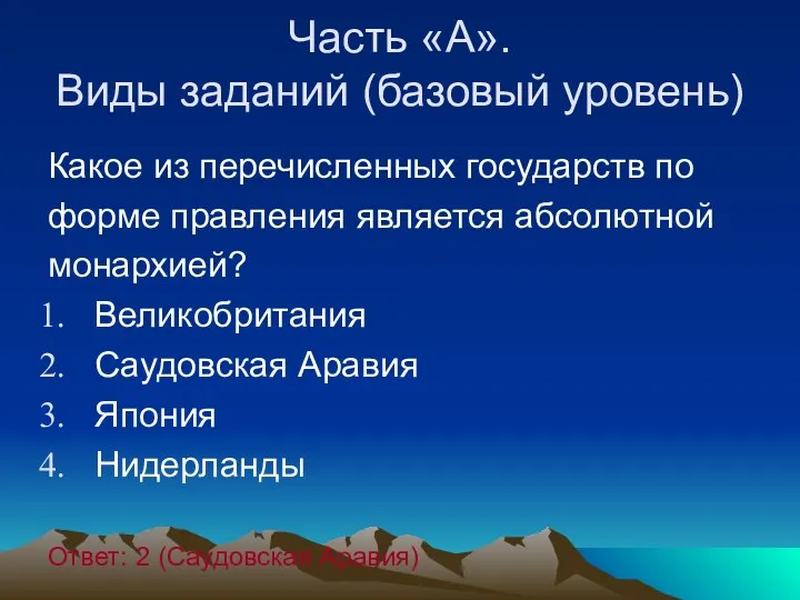 Часть «А». Виды заданий (базовый уровень) Какое из перечисленных государств