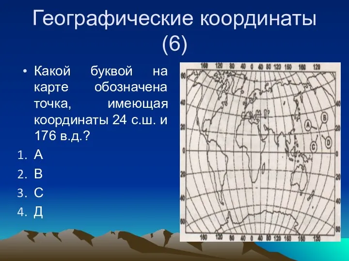 Географические координаты (6) Какой буквой на карте обозначена точка, имеющая