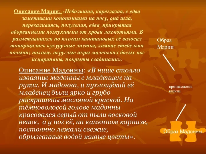 Описание Марии: «Небольшая, кареглазая, с едва заметными конопинками на носу,