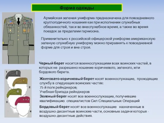 Форма одежды Армейская зеленая униформа предназначена для повседневного круглогодичного ношения