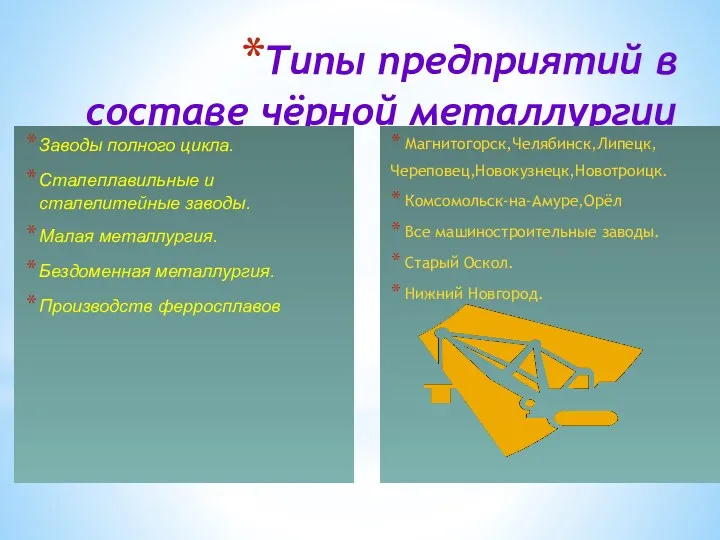 Типы предприятий в составе чёрной металлургии Заводы полного цикла. Сталеплавильные