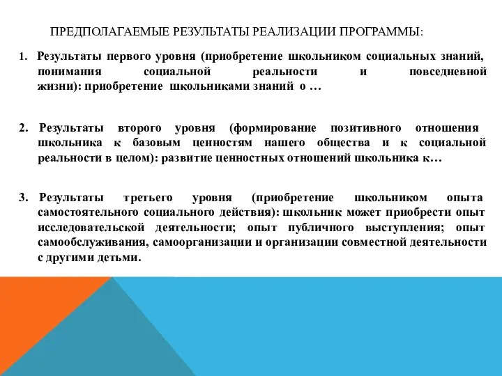 Предполагаемые результаты реализации программы: 1. Результаты первого уровня (приобретение школьником