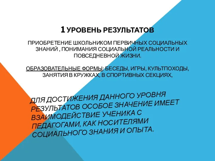 1 уровень результатов Приобретение школьником первичных социальных знаний , понимания