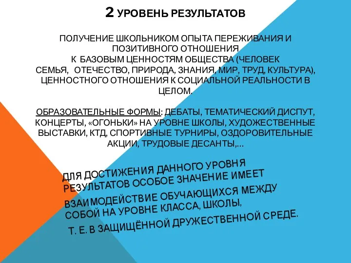 2 уровень результатов получение школьником опыта переживания и позитивного отношения