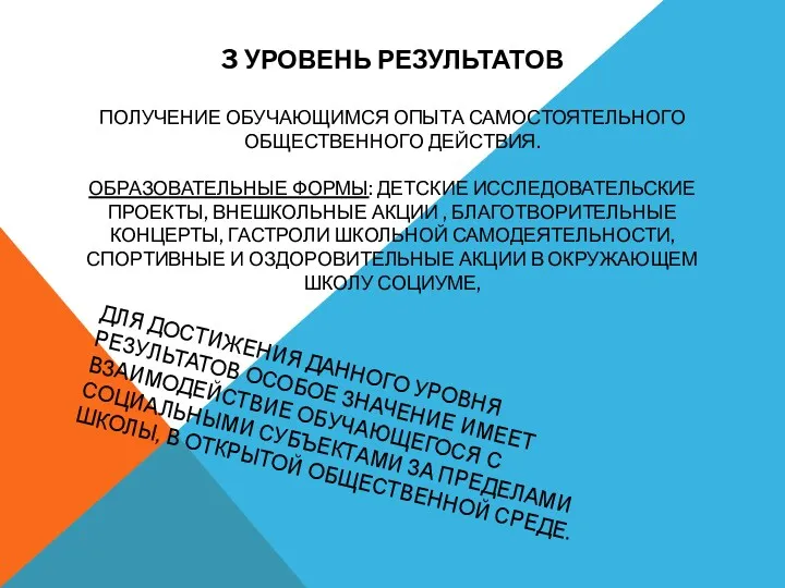 3 уровень результатов Получение обучающимся опыта самостоятельного общественного действия. Образовательные