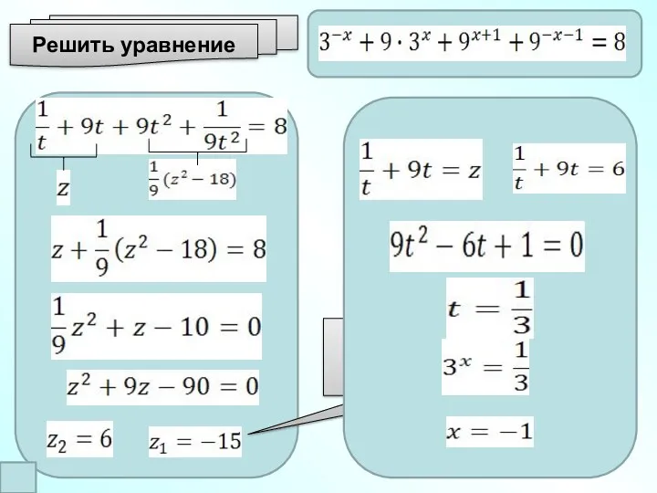 Решить уравнение Так как t > 0, то -15 посторонний корень