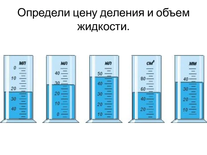 Определи цену деления и объем жидкости.