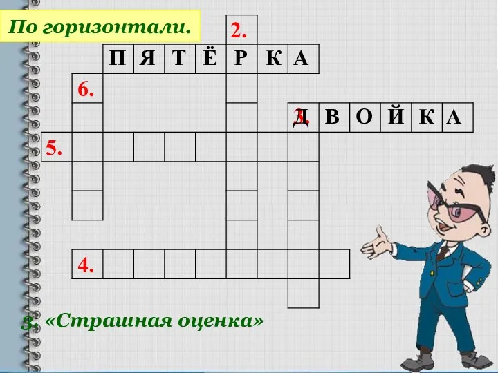 2. 6. 5. 4. 3. По горизонтали. 3. «Страшная оценка»