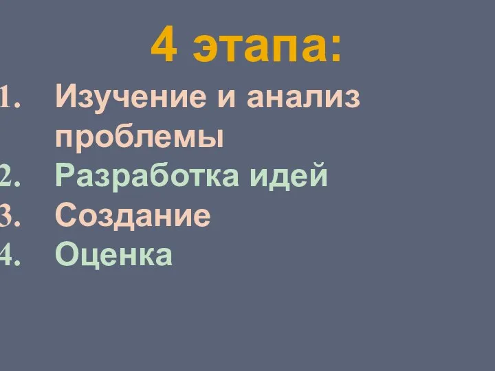 4 этапа: Изучение и анализ проблемы Разработка идей Создание Оценка