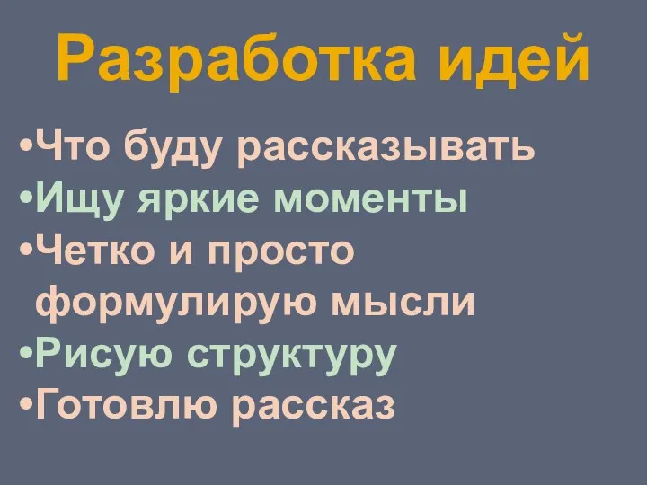 Разработка идей Что буду рассказывать Ищу яркие моменты Четко и просто формулирую мысли