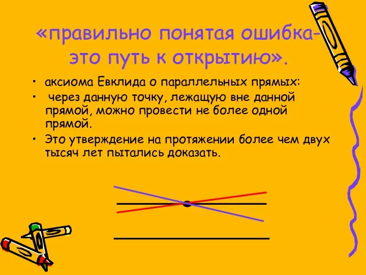 «правильно понятая ошибка- это путь к открытию». аксиома Евклида о параллельных прямых: через