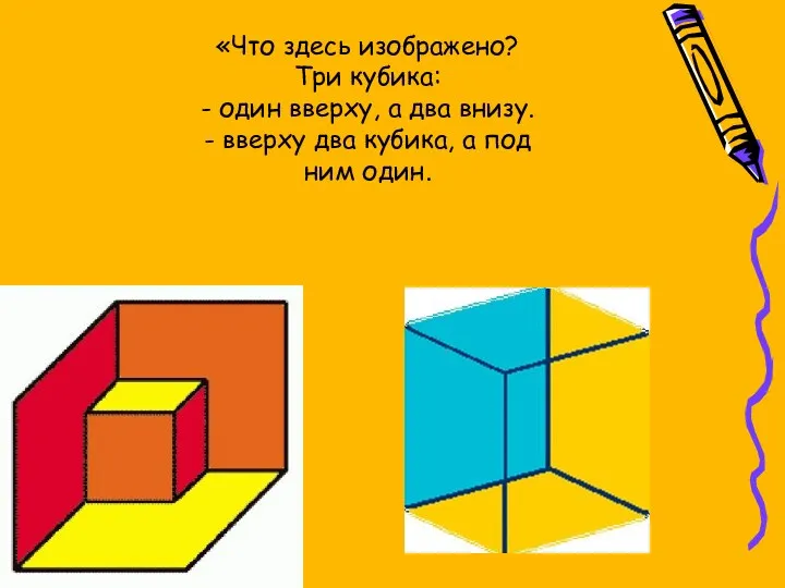 «Что здесь изображено? Три кубика: - один вверху, а два