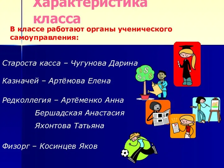 Характеристика класса В классе работают органы ученического самоуправления: Староста касса