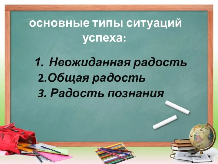 основные типы ситуаций успеха: Неожиданная радость 2.Общая радость 3. Радость познания