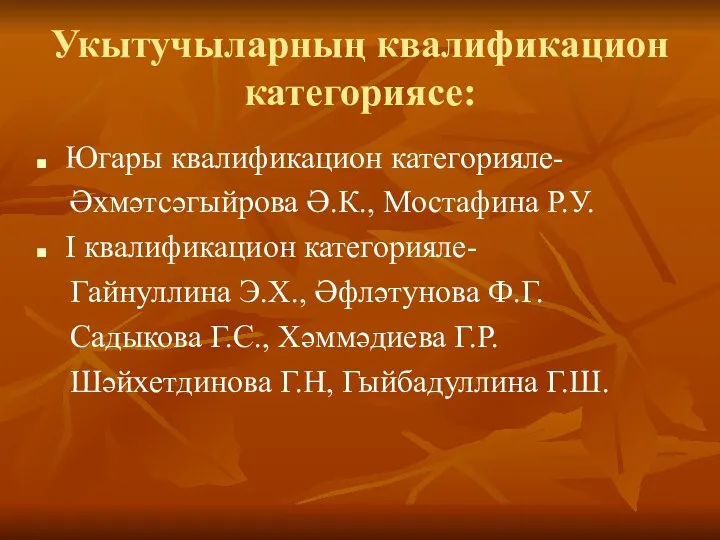 Укытучыларның квалификацион категориясе: Югары квалификацион категорияле- Әхмәтсәгыйрова Ә.К., Мостафина Р.У.