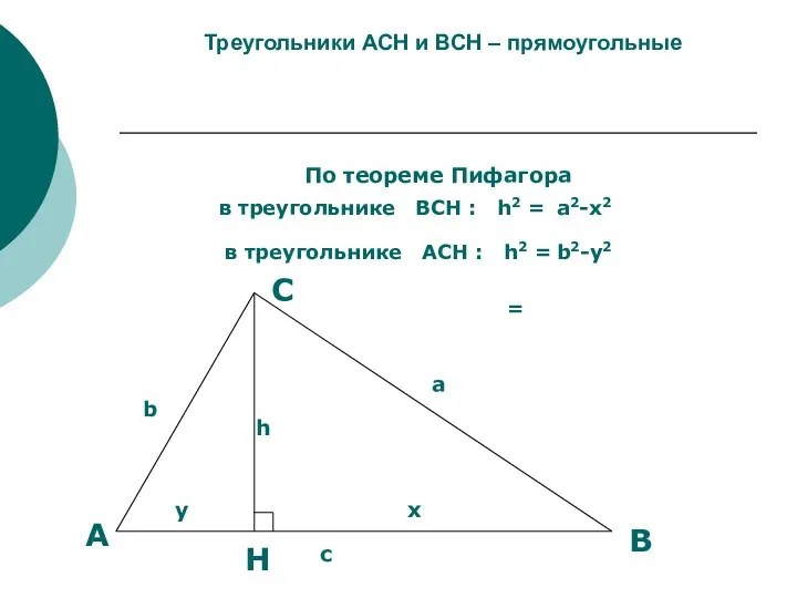 Треугольники АCН и ВСН – прямоугольные По теореме Пифагора в треугольнике ВСН :