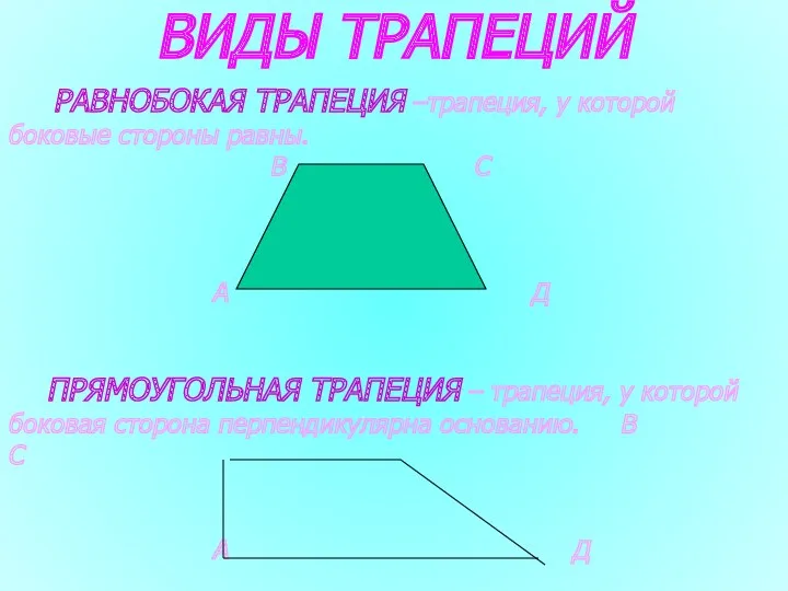 ВИДЫ ТРАПЕЦИЙ РАВНОБОКАЯ ТРАПЕЦИЯ –трапеция, у которой боковые стороны равны.