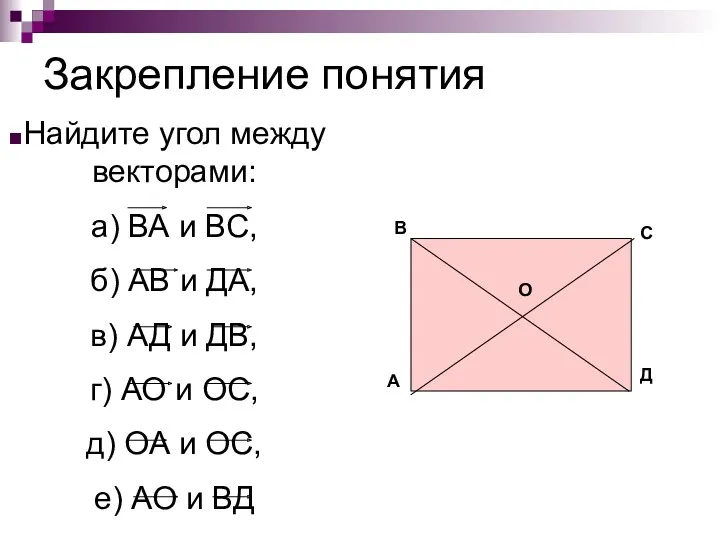 Закрепление понятия Найдите угол между векторами: а) ВА и ВС, б) АВ и