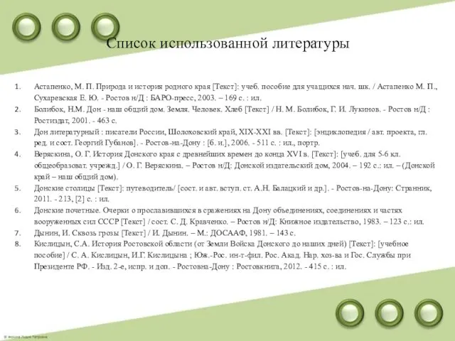 Список использованной литературы Астапенко, М. П. Природа и история родного