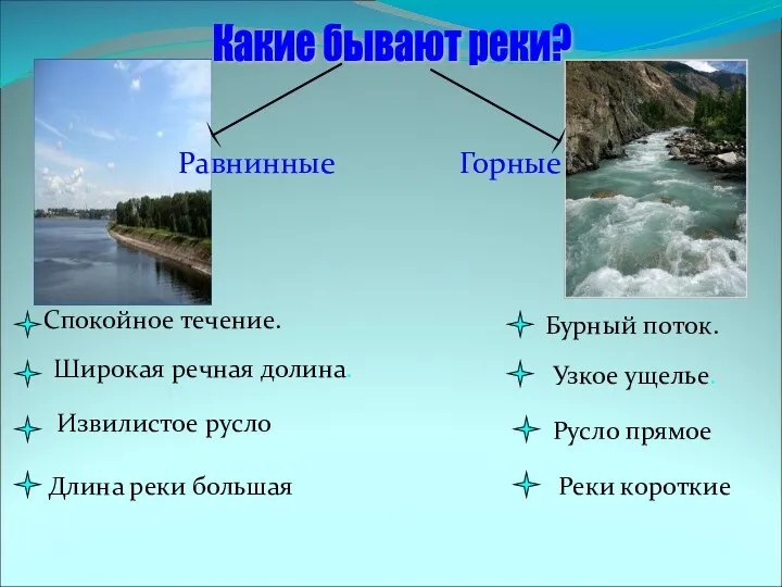 Какие бывают реки? Равнинные Горные Спокойное течение. Бурный поток. Широкая