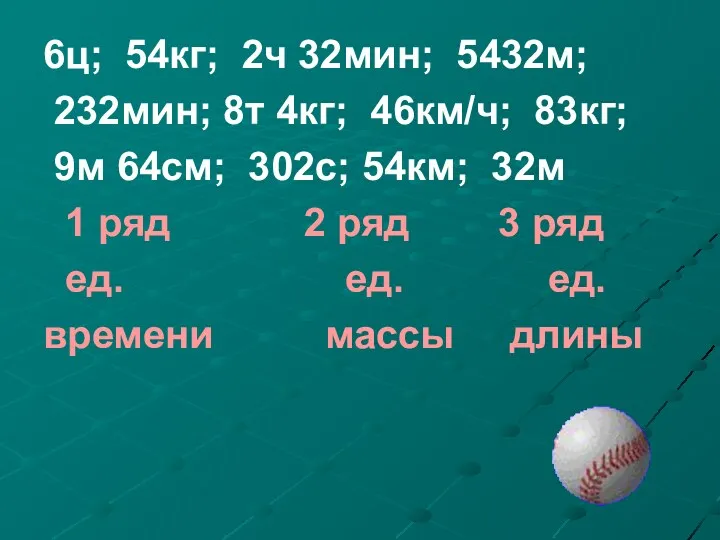 6ц; 54кг; 2ч 32мин; 5432м; 232мин; 8т 4кг; 46км/ч; 83кг;