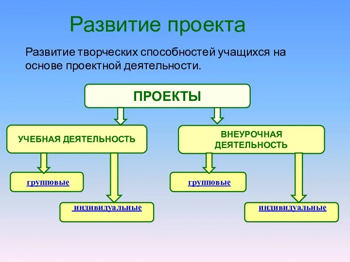 Развитие проекта Развитие творческих способностей учащихся на основе проектной деятельности.