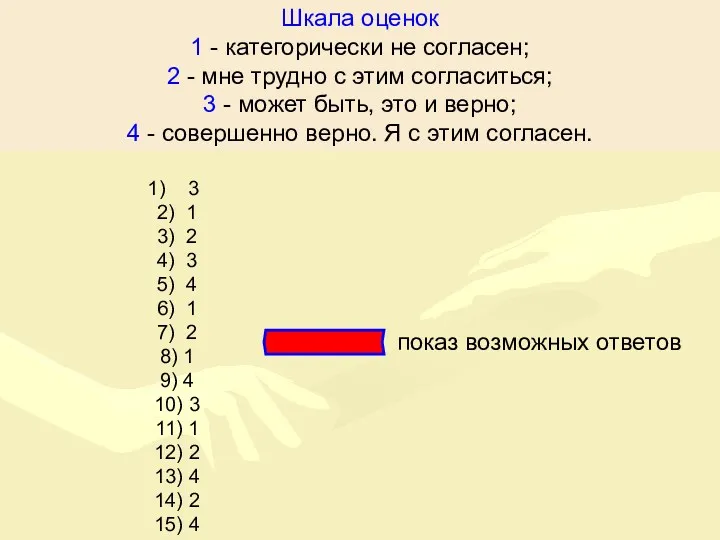 Шкала оценок 1 - категорически не согласен; 2 - мне трудно с этим