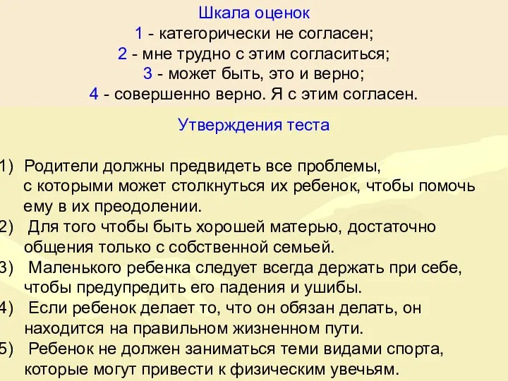 Утверждения теста Родители должны предвидеть все проблемы, с которыми может