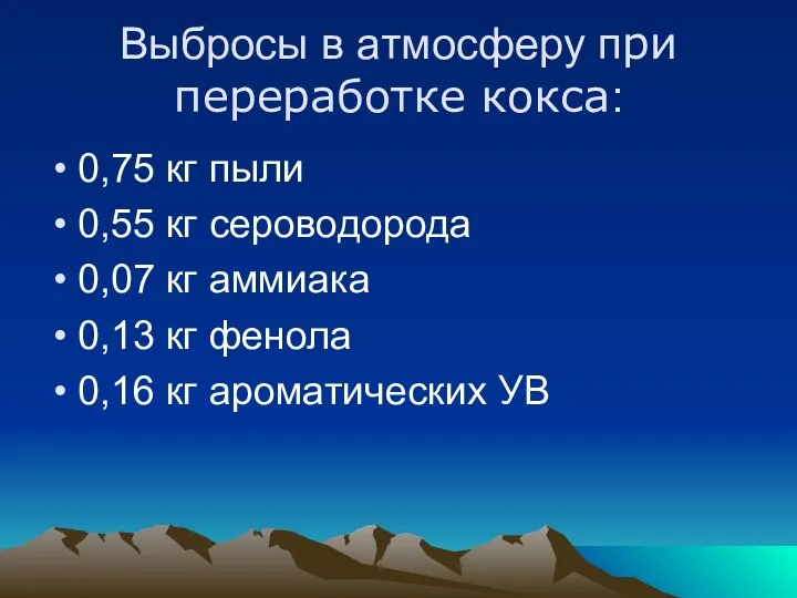 Выбросы в атмосферу при переработке кокса: 0,75 кг пыли 0,55