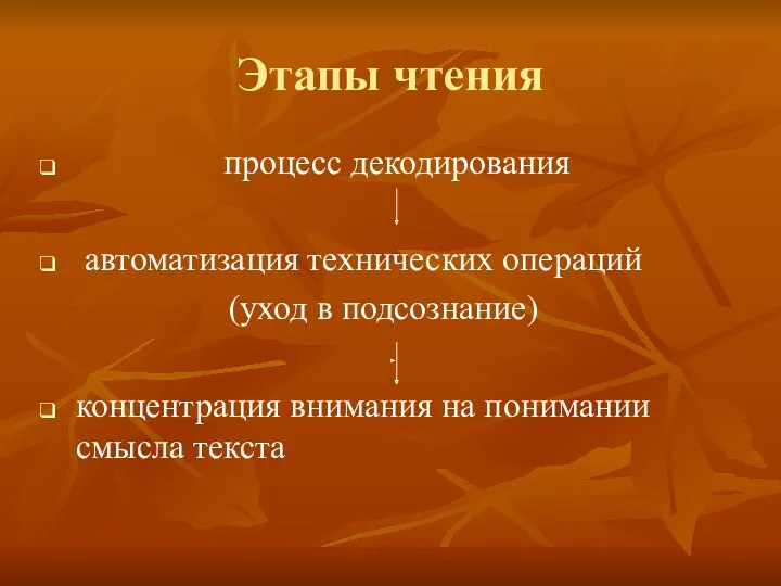 Этапы чтения процесс декодирования автоматизация технических операций (уход в подсознание) концентрация внимания на понимании смысла текста