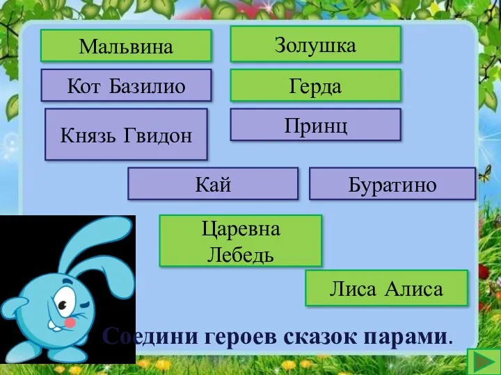 Соедини героев сказок парами. Герда Мальвина Лиса Алиса Золушка Царевна