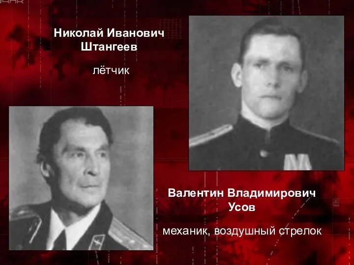 Николай Иванович Штангеев лётчик Валентин Владимирович Усов механик, воздушный стрелок