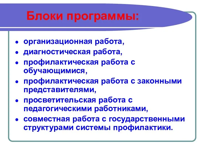 Блоки программы: организационная работа, диагностическая работа, профилактическая работа с обучающимися,