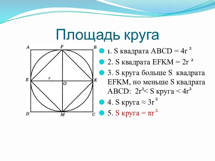 Площадь круга 1. S квадрата АВCD = 4r 2. S