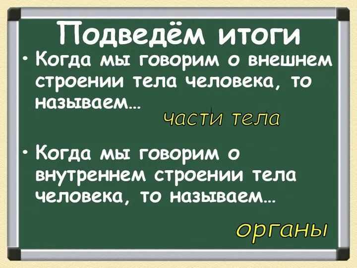 Подведём итоги Когда мы говорим о внешнем строении тела человека,