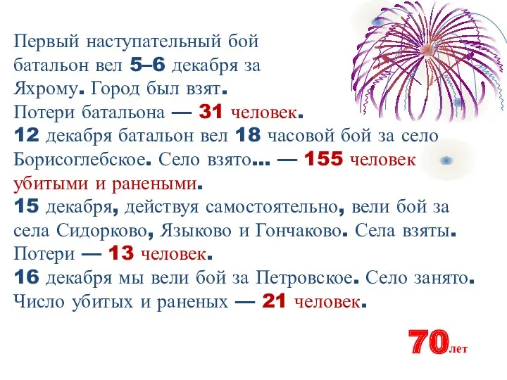 Первый наступательный бой батальон вел 5–6 декабря за Яхрому. Город