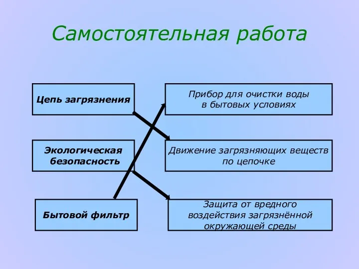 Самостоятельная работа Цепь загрязнения Экологическая безопасность Бытовой фильтр Прибор для очистки воды в