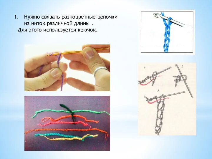 Нужно связать разноцветные цепочки из ниток различной длины . Для этого используется крючок.