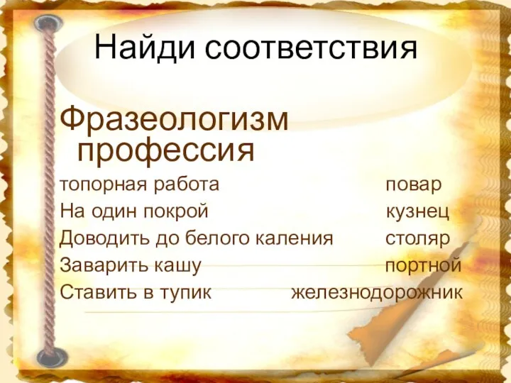 Найди соответствия Фразеологизм профессия топорная работа повар На один покрой