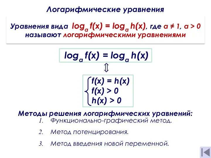 Логарифмические уравнения Уравнения вида loga f(x) = logа h(х), где