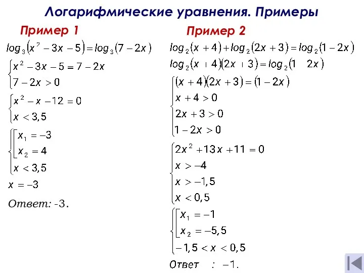 Логарифмические уравнения. Примеры Пример 1 Пример 2 Ответ: -3.