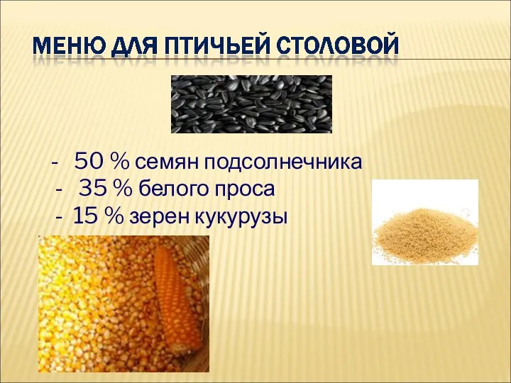 - 50 % семян подсолнечника - 35 % белого проса - 15 % зерен кукурузы