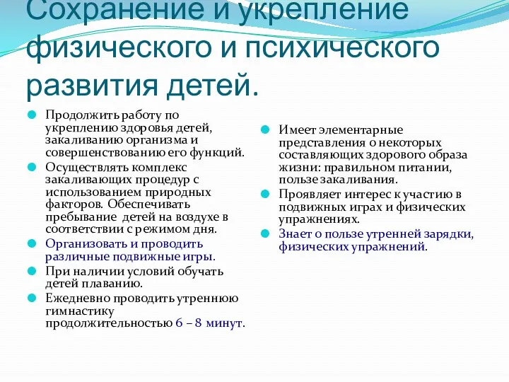 Сохранение и укрепление физического и психического развития детей. Продолжить работу по укреплению здоровья