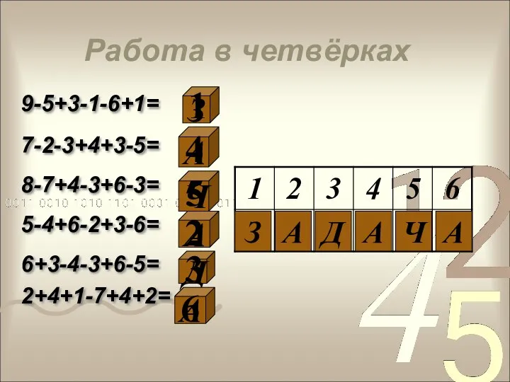 Работа в четвёрках 9-5+3-1-6+1= 7-2-3+4+3-5= 8-7+4-3+6-3= 5-4+6-2+3-6= 6+3-4-3+6-5= 2+4+1-7+4+2= З А Ч А