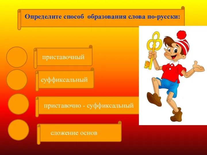 приставочно - суффиксальный суффиксальный сложение основ приставочный Определите способ образования слова по-русски:
