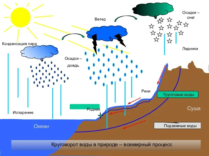 Испарение Конденсация пара Осадки – дождь Осадки – снег Ветер