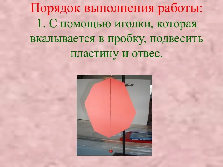 Порядок выполнения работы: 1. С помощью иголки, которая вкалывается в пробку, подвесить пластину и отвес.