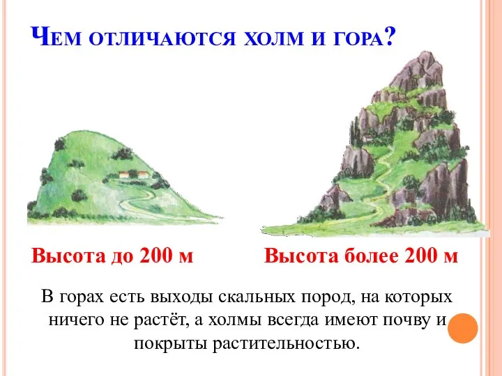 Чем отличаются холм и гора? В горах есть выходы скальных